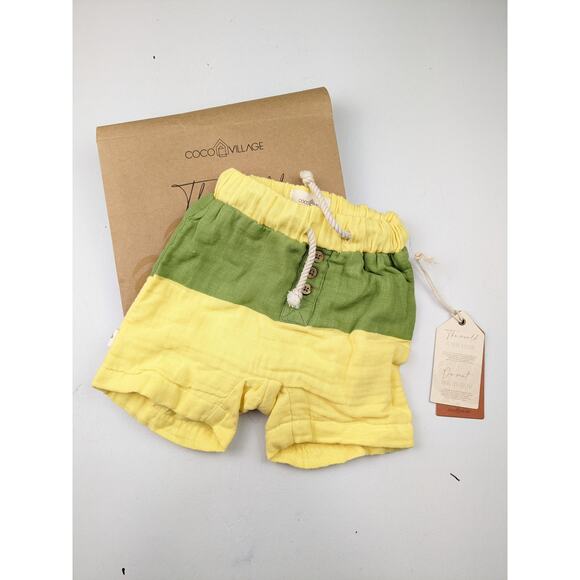 Coco Village Green & Yellow Muslin Shorts - 6 Months - Picture 1 of 4
